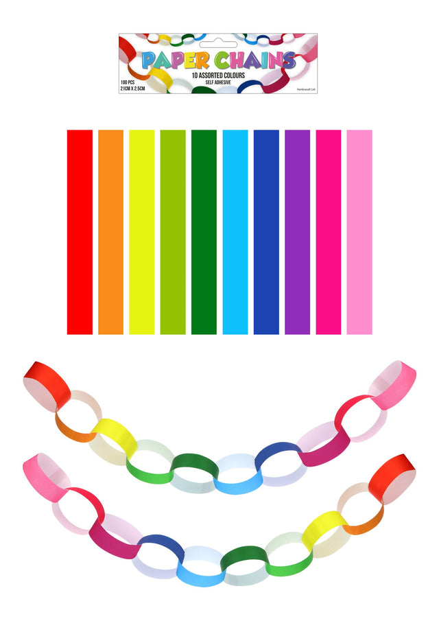 100 Paper Chains DIY Set with colorful strips and linked paper chains.