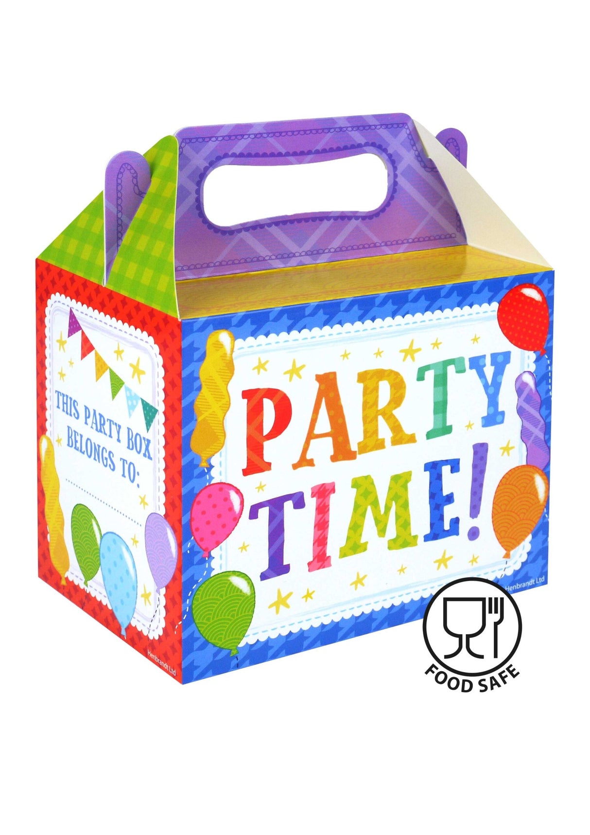 Colorful Party Time Lunch Box with fun design and balloon graphics, perfect for parties and picnics.