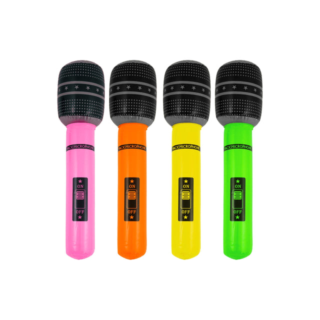 Inflatable microphones in four assorted neon colors: pink, orange, yellow, and green.