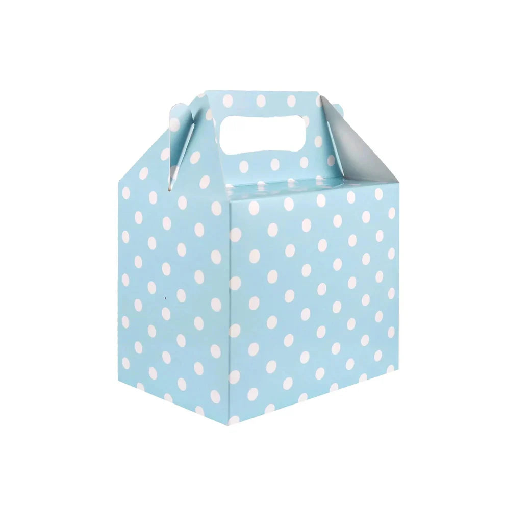 Blue polka dot party food box with handle, ideal for celebrations.