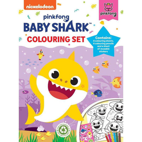 Baby Shark Colouring Set with crayons, markers, and underwater-themed coloring sheets.