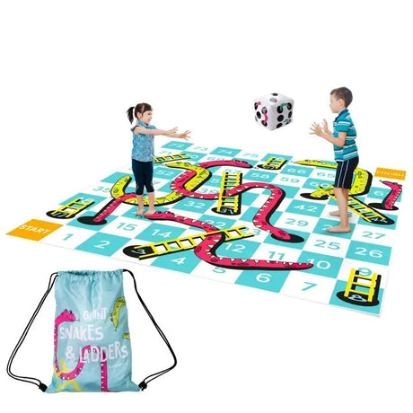 Giant Snakes and Ladders game with oversized board and pieces, perfect for family fun.