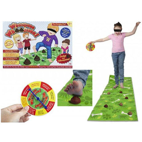 "Dodge The Whoopsies game with player navigating obstacles on a green mat."