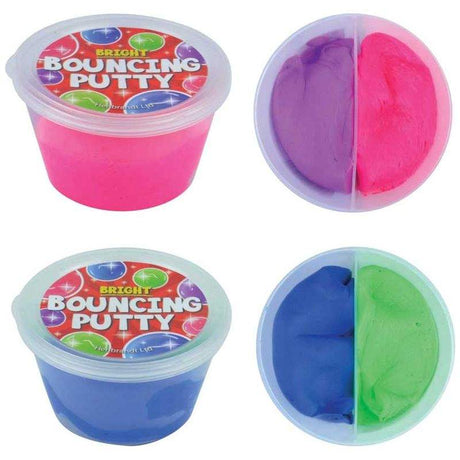 Colorful containers of 2 Tone Bouncing Putty, featuring vibrant pink, purple, blue, and green colors.