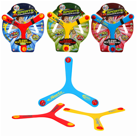 27CM Boomerang in blue, red, and yellow designs, aerodynamic for smooth flight.