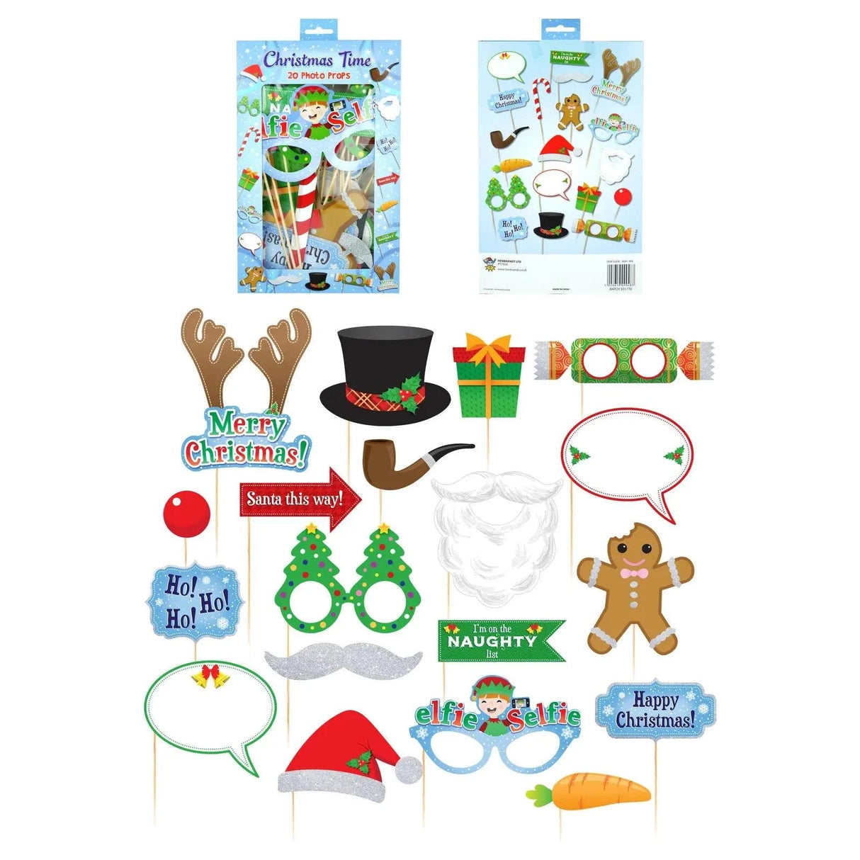 20pc Christmas Photo prop set for festive selfies and holiday party decoration.