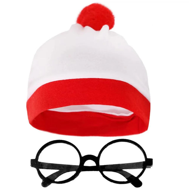 Red and white child's bobble hat with glasses.