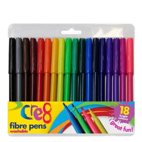 Fibre Pens pack of 18 with vibrant colors for creative projects.