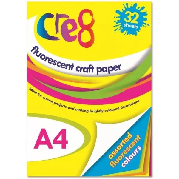 Florescent craft paper package with 32 A4 sheets in assorted colors.