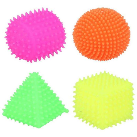 Brightly colored squeeze shapes in neon assorted for stress relief and hand strength.